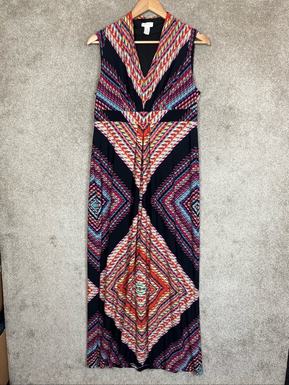 Chico's Dress Womens 1 Sleeveless Stretch Maxi V Neck Multicolor- 5303